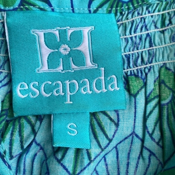 Escapada blue teal top blouse printed size Small peacock print smocked neck - Picture 2 of 14